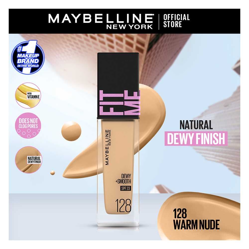 Maybelline Ny New Fit Me Dewy + Smooth Liquid Foundation 30 Spf | 128 Warm Nude 30Ml | For Normal To Dry Skin | Best Price in Pakistan original skincare product Pakistan
