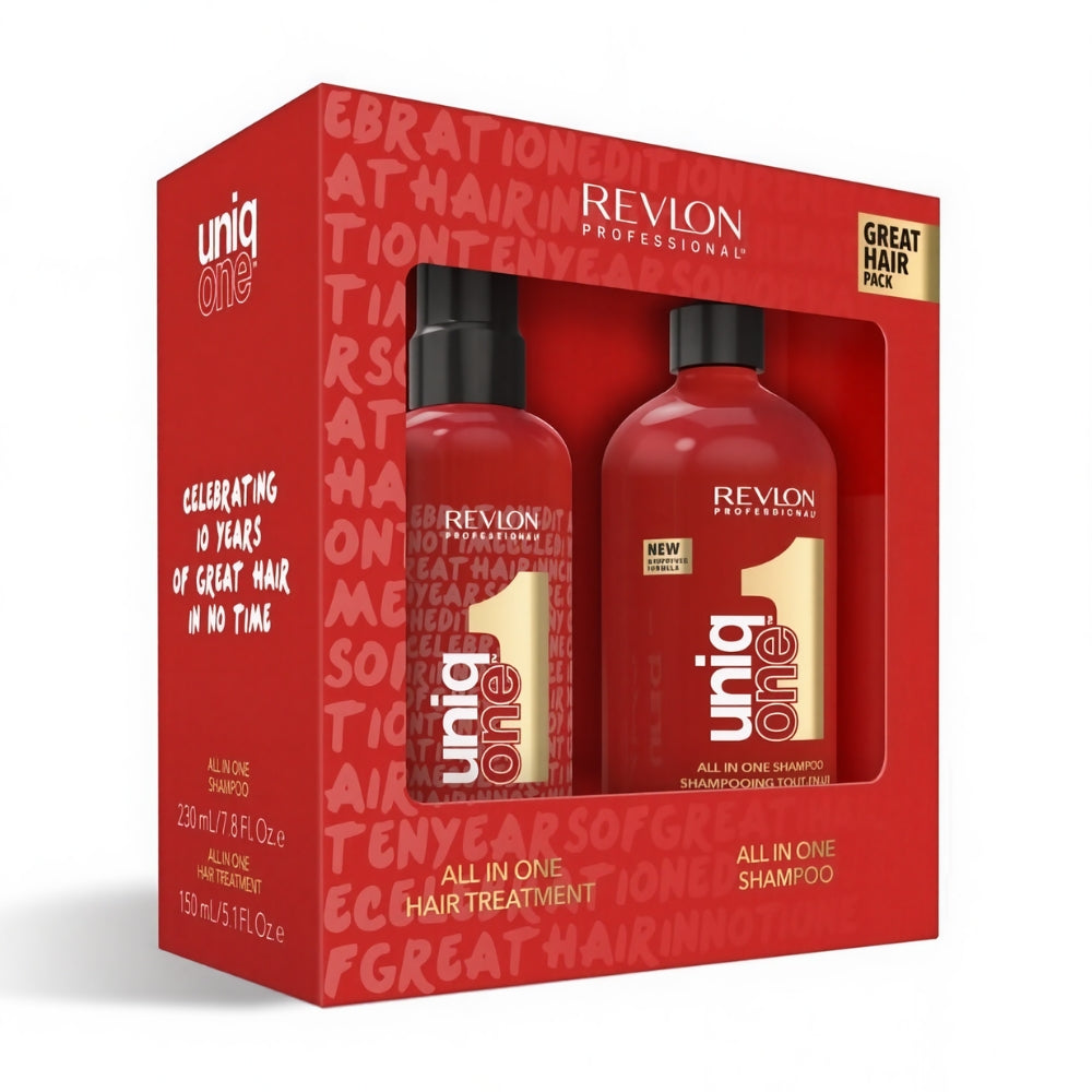 Revlon Professional UniqONE™ DUO-PACK All-in-One Leave-In Hair Treatment Classic Fragrance 150ml + Shampoo 230ml | Best Price in Pakistan original skincare product Pakistan مرکزی تصویر