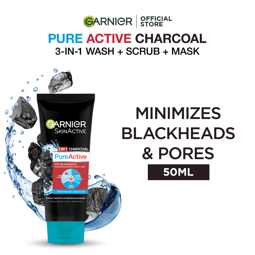 Garnier Skin Active 3-In-1 Charcoal Blackhead Face Wash Mask Scrub 50Ml | Best Price in Pakistan original skincare product Pakistan