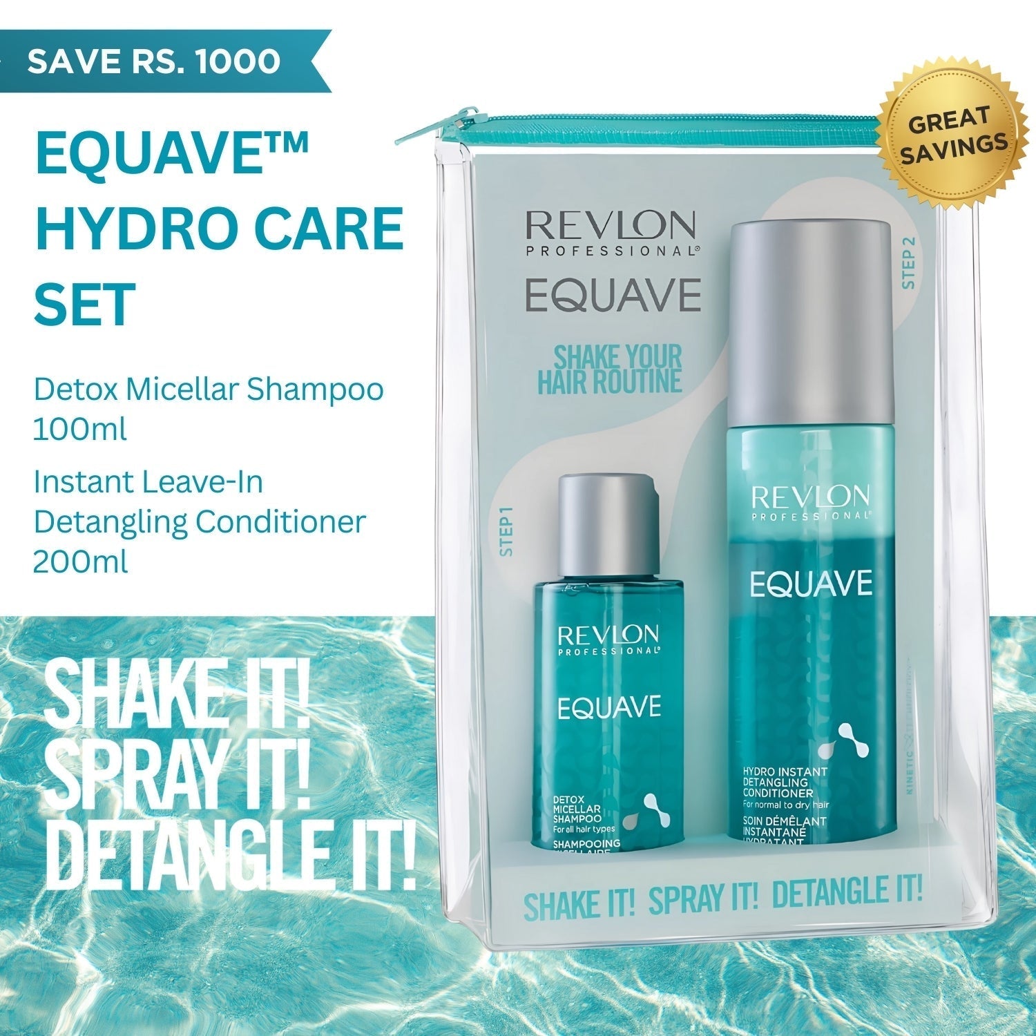 Revlon Professional EQUAVE™ Hydro Care Set: Deep Cleansing Detox Micellar Shampoo 100ml and Instant Detangling Conditioner 200ml | Best Price in Pakistan original skincare product Pakistan