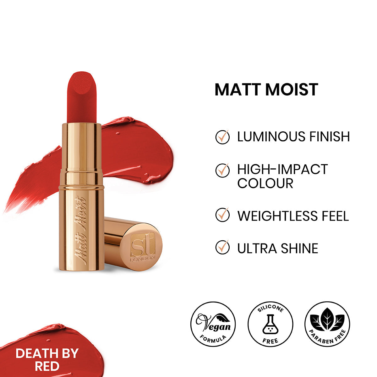 ST London Matt Moist Long-Lasting Lipstick Death by Red | Best Price in Pakistan original skincare product Pakistan