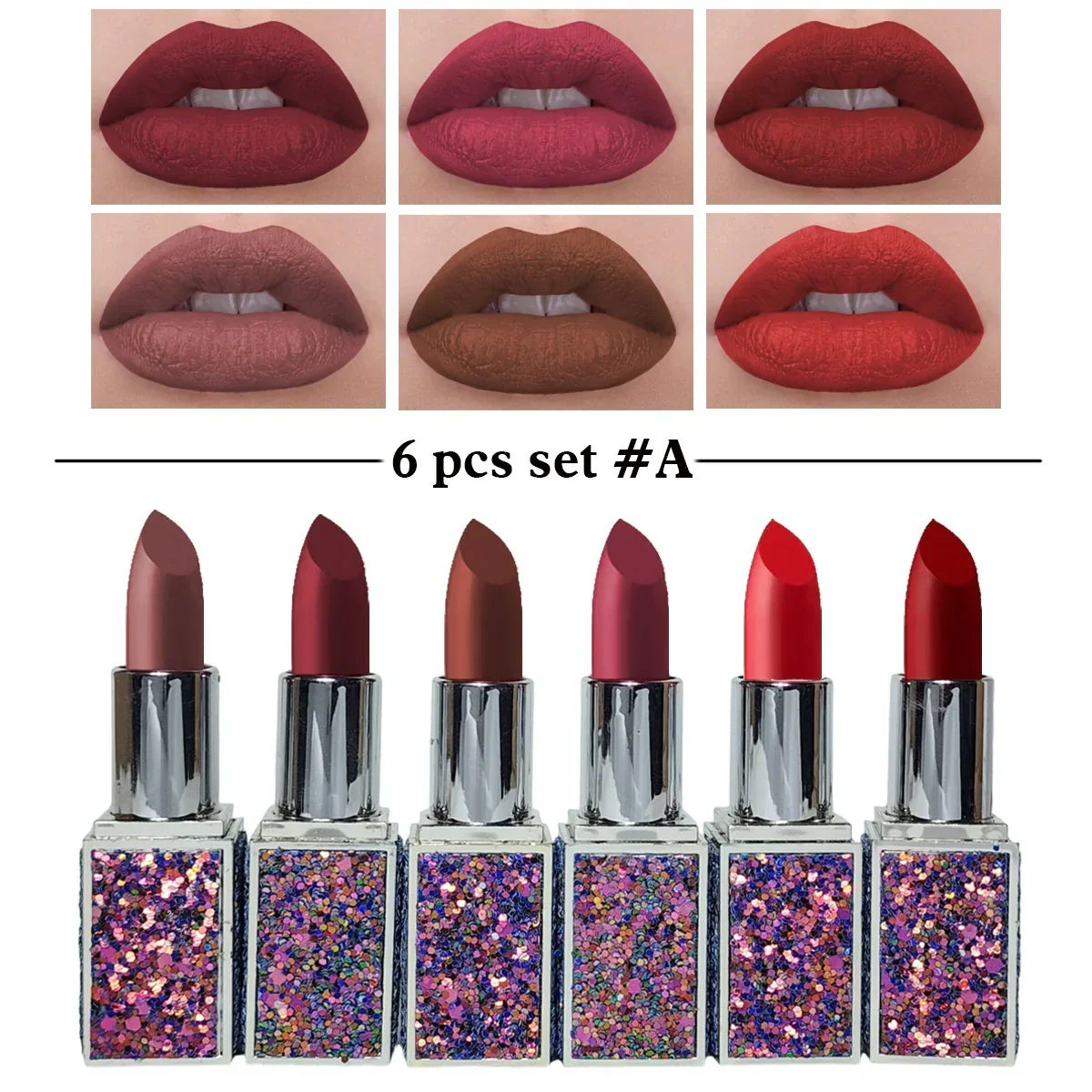 Heng Fang Diamond Glitter Matte Finish Casing Lipstick 6pcs Set A | Best Price in Pakistan original skincare product Pakistan