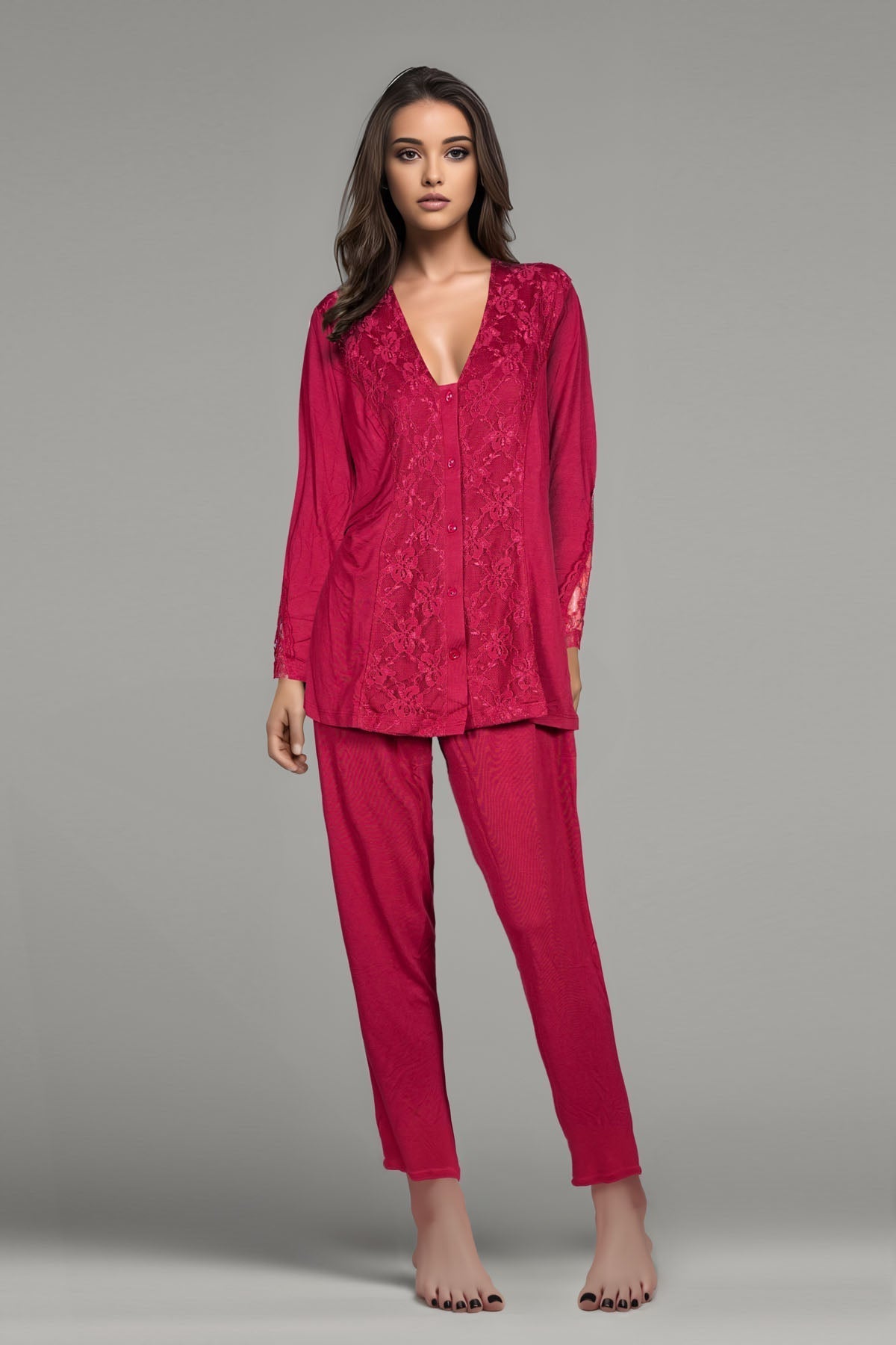BLS | Bluma Lace And Viscose Pajama Set | Burgundy | Best Price in Pakistan original skincare product Pakistan مرکزی تصویر
