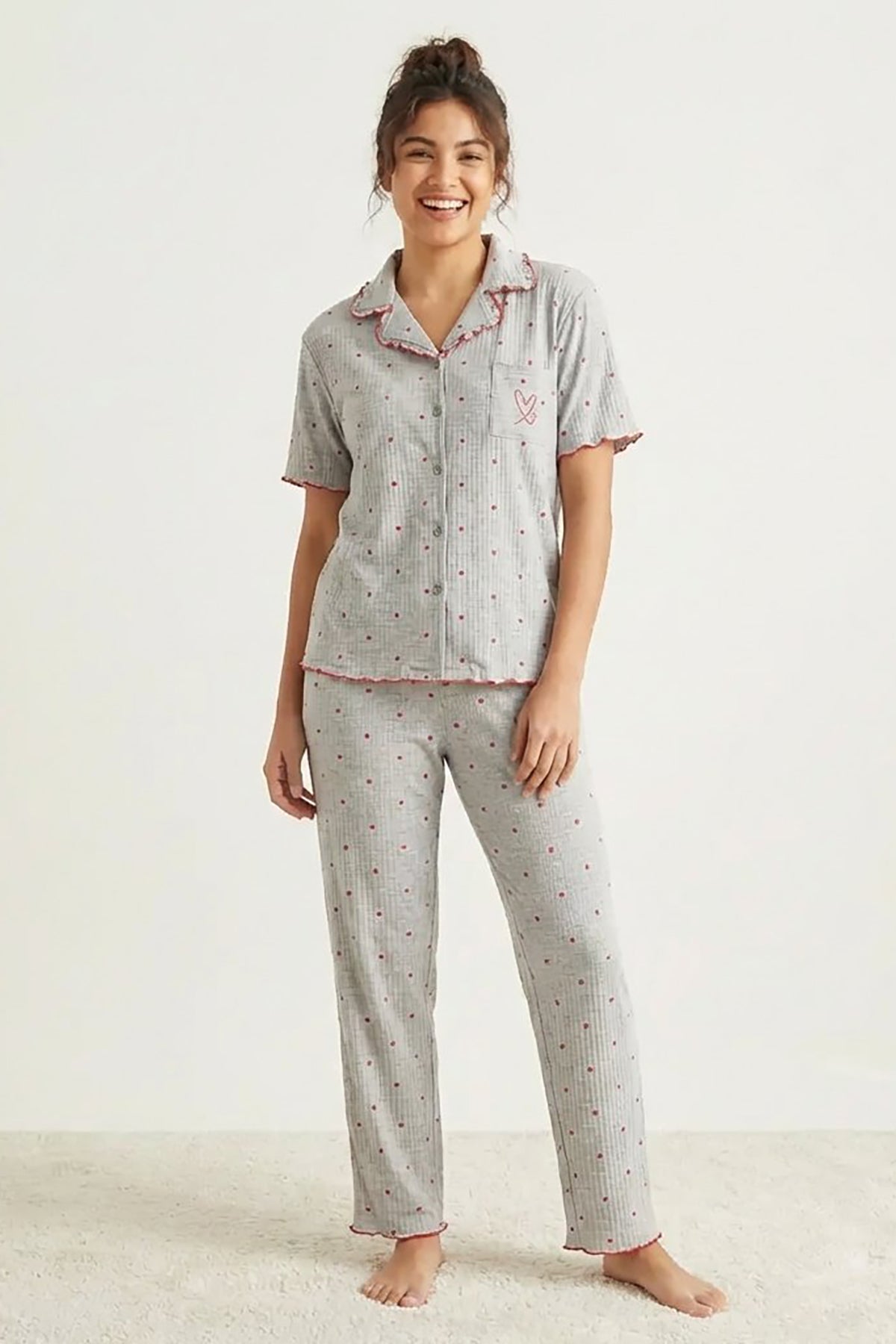 BLS | Pajama set |  Short sleeves with long pants | Grey | Best Price in Pakistan original skincare product Pakistan مرکزی تصویر