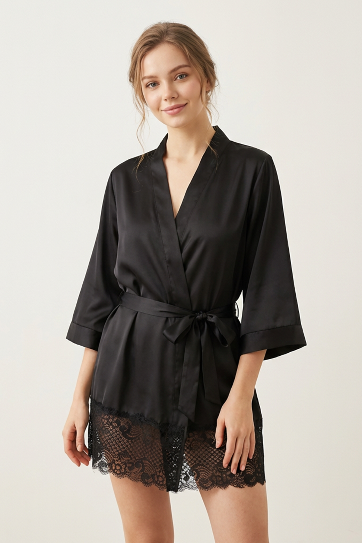 BLS | Satin Short Lace Robe | Night Black | Best Price in Pakistan original skincare product Pakistan مرکزی تصویر