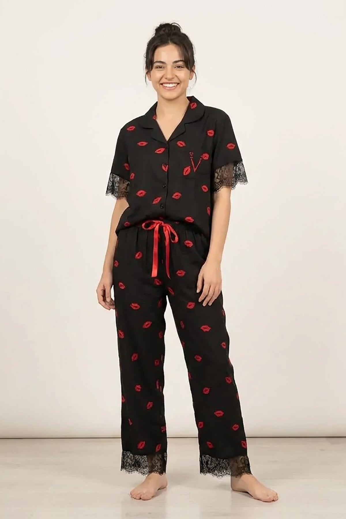 BLS | Short sleeves with long pants Pajama Set With Lace | Black | Best Price in Pakistan original skincare product Pakistan