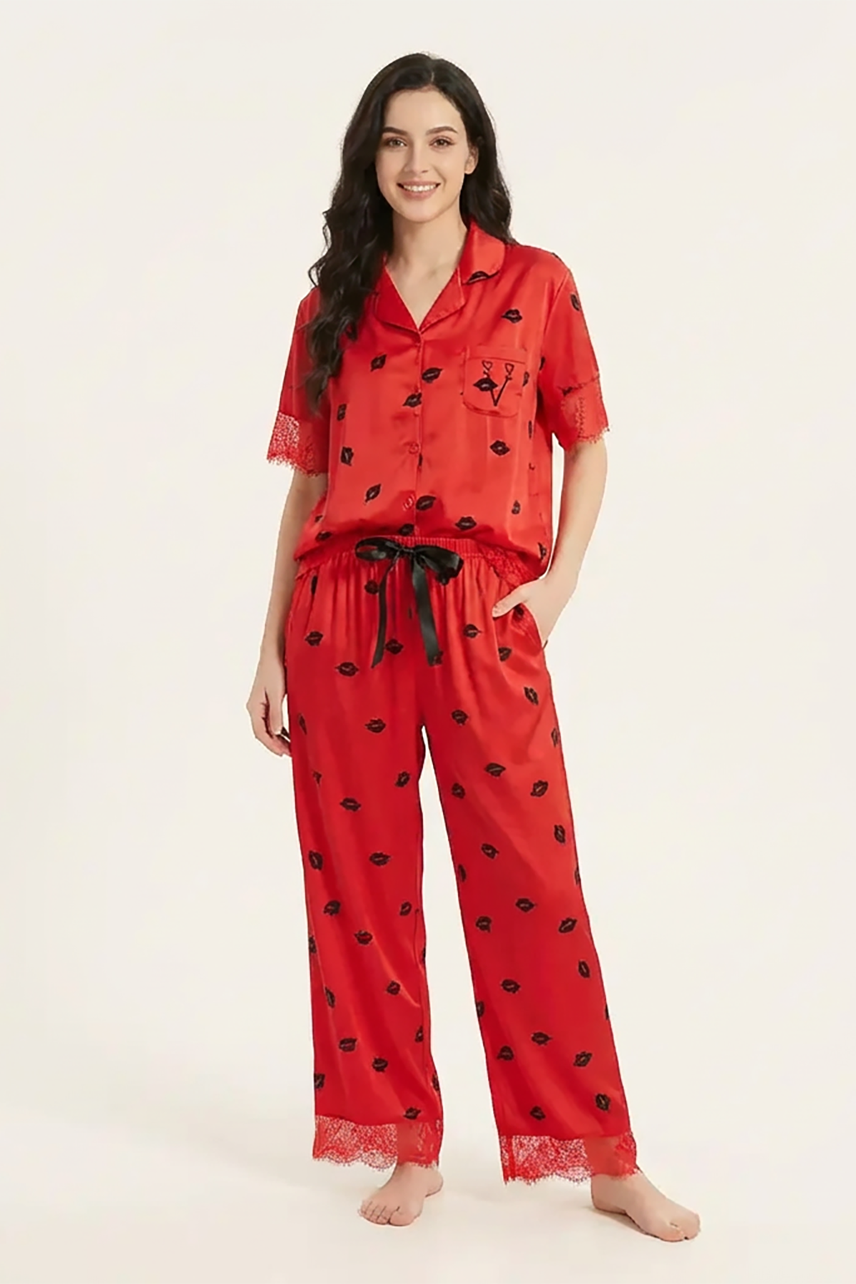 BLS | Short sleeves with long pants Pajama Set With Lace | Red | Best Price in Pakistan original skincare product Pakistan مرکزی تصویر