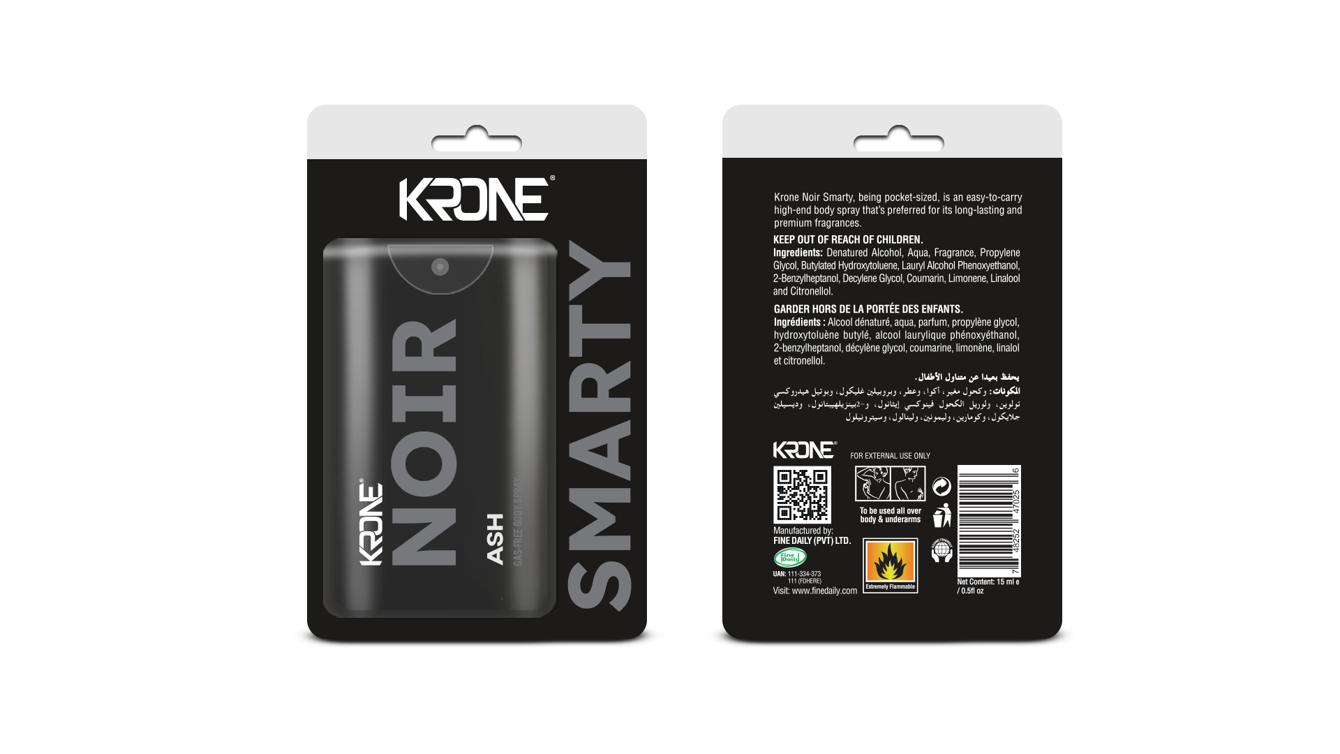 Krone Noir Smarty Ash Gas Free Body Spray 15ml | Best Price in Pakistan original skincare product Pakistan