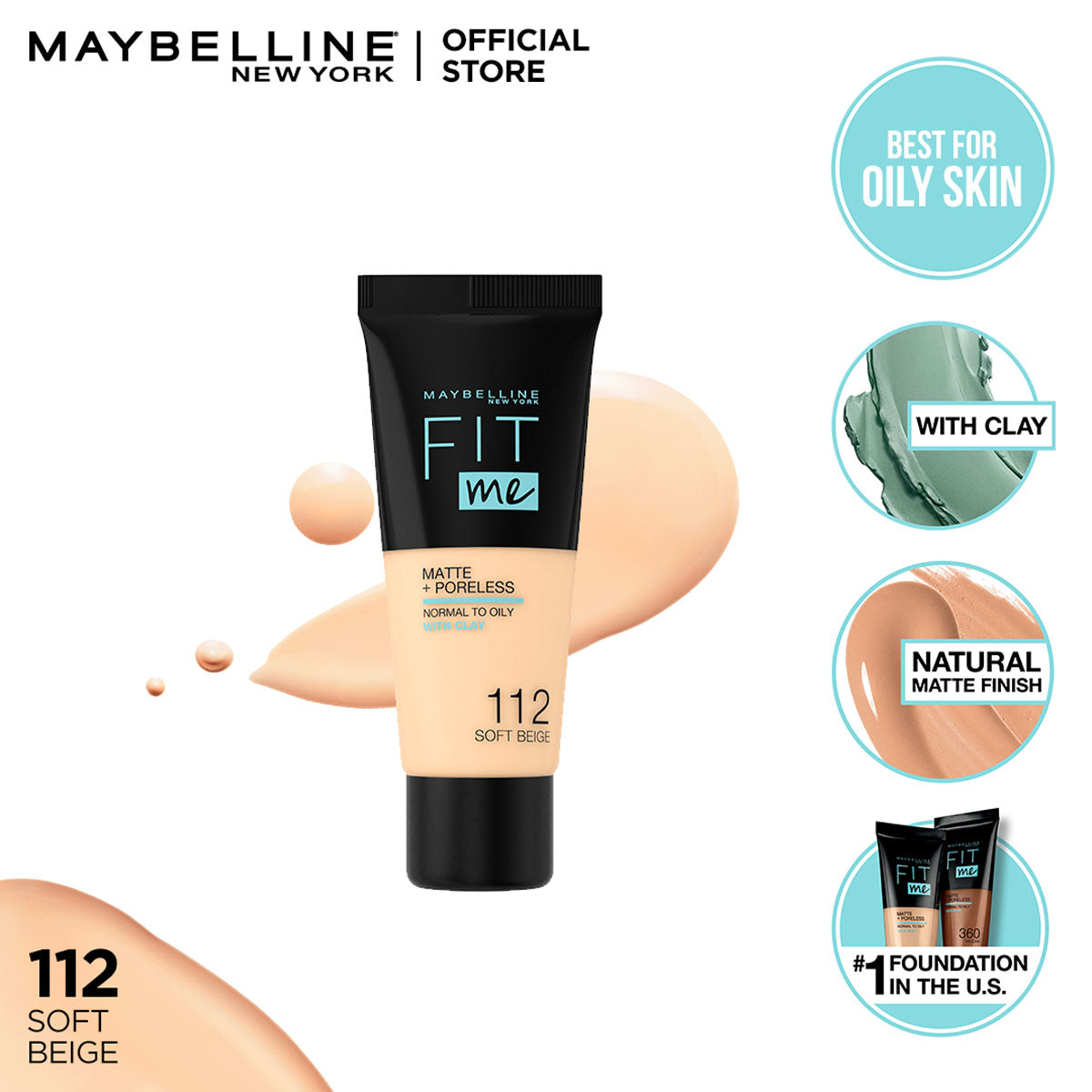 Maybelline | Fit Me Liquid Foundation Matte & Poreless | 112 Soft Beige | Best Price in Pakistan original skincare product Pakistan مرکزی تصویر