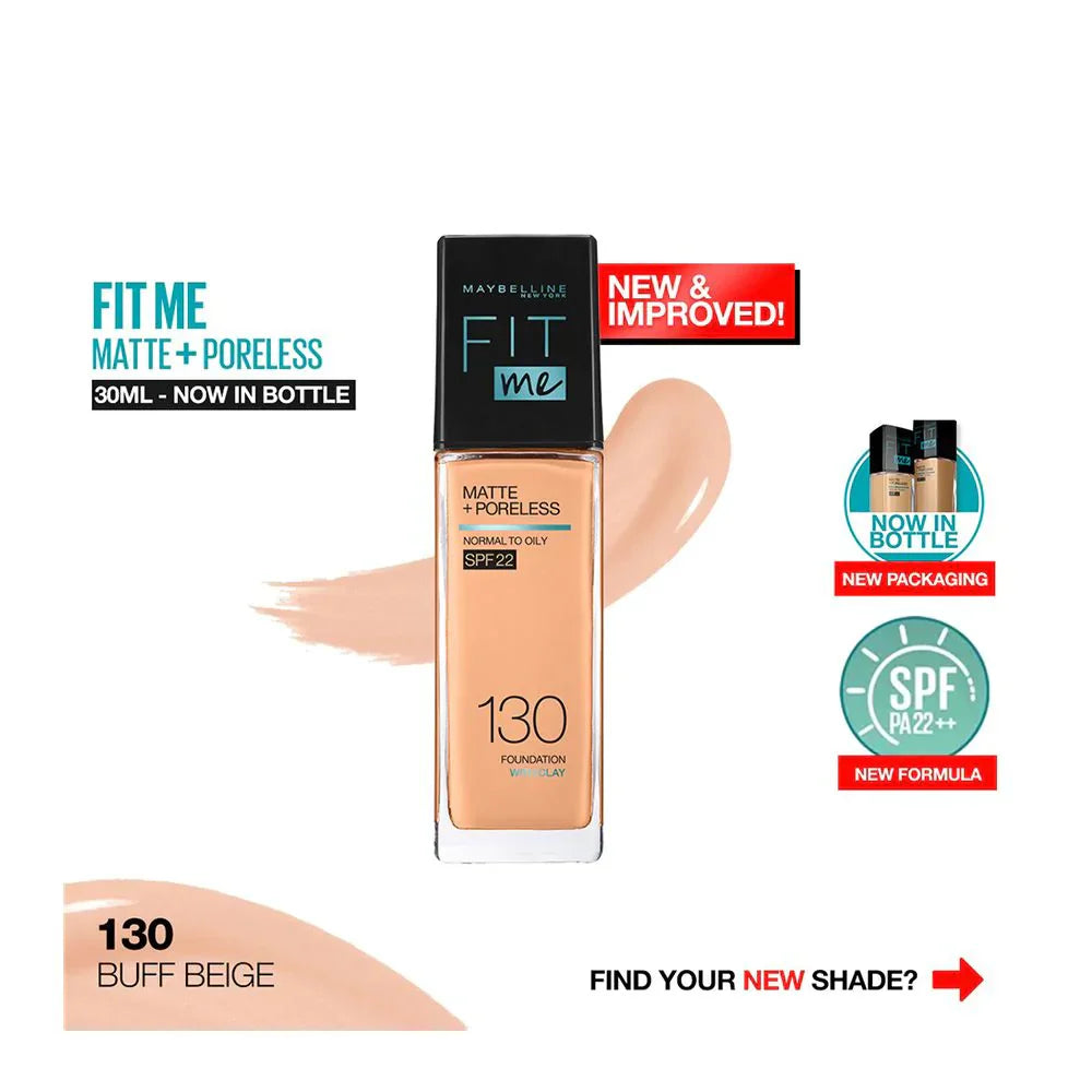 Maybelline | Fit Me Matte + Poreless Liquid Foundation SPF 22 | 130 Buff Beige 30ml | Best Price in Pakistan original skincare product Pakistan مرکزی تصویر