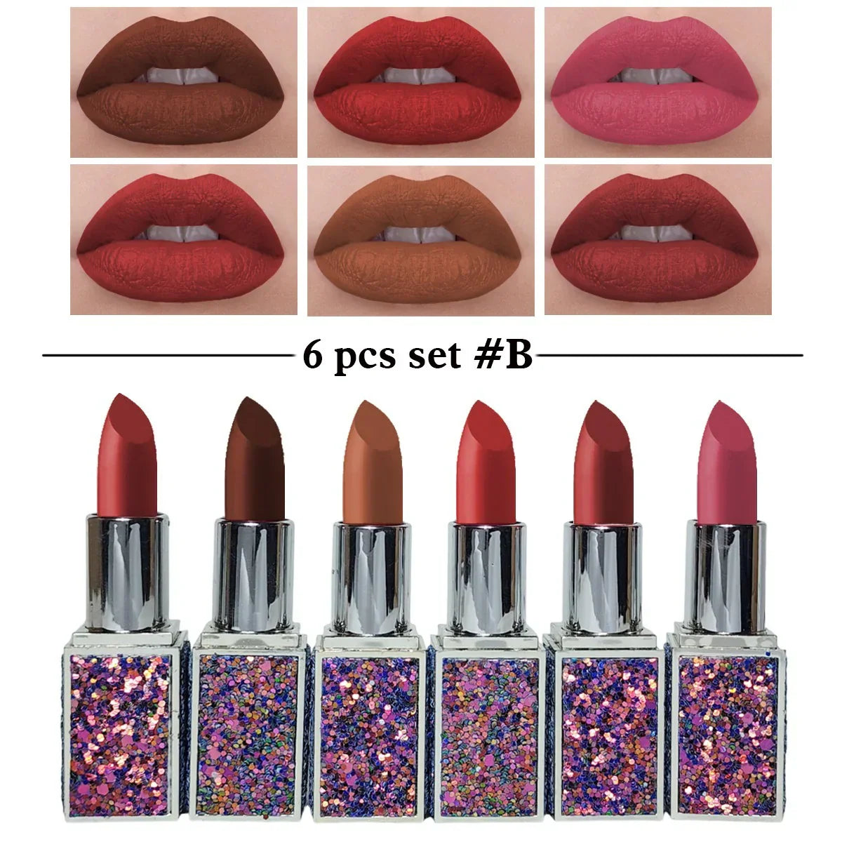 Heng Fang Diamond Glitter Matte Finish Casing Lipstick 6pcs Set B | Best Price in Pakistan original skincare product Pakistan Main image
