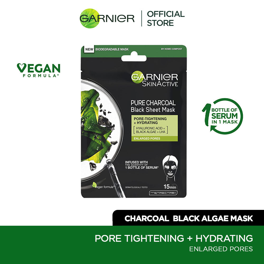 Garnier | Skin Active Pure Charcoal Black Algae Tissue Face Mask | Pore Tightening 28g | Best Price in Pakistan original skincare product Pakistan Main image