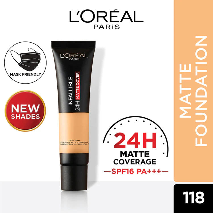 LOreal Paris | Infallible 24H Matte Cover Liquid Foundation | 118 Rose Linen | Best Price in Pakistan original skincare product Pakistan