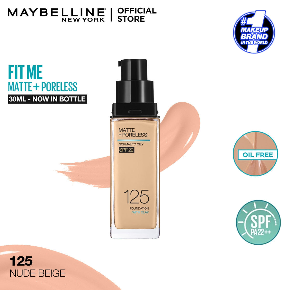 Maybelline | Fit Me Matte + Poreless Liquid Foundation SPF 22 | 125 Nude Beige 30ml | Best Price in Pakistan original skincare product Pakistan مرکزی تصویر