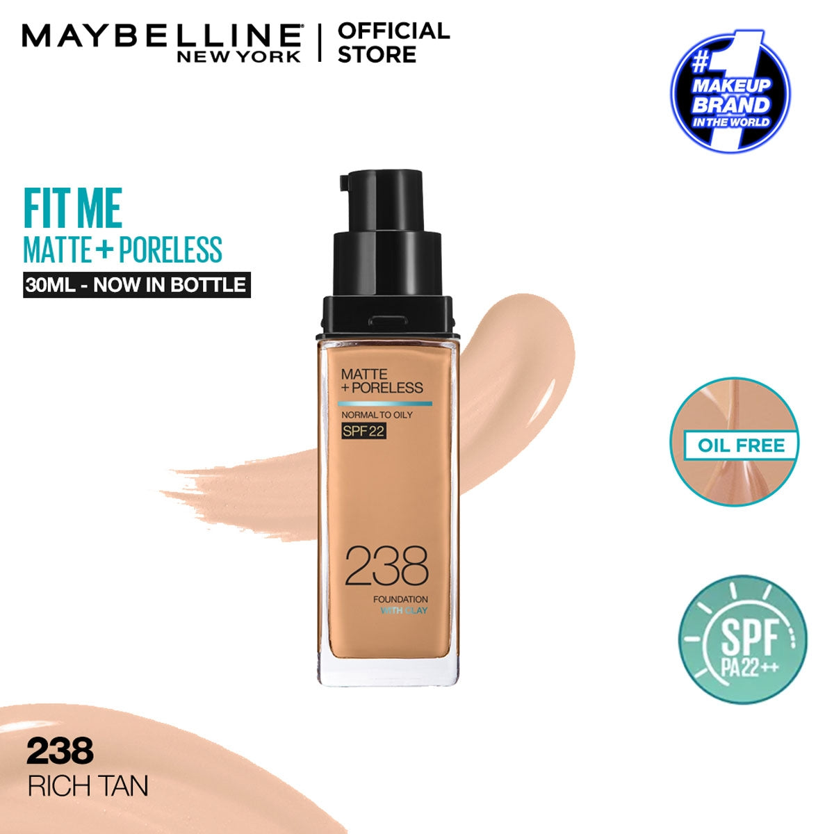 Maybelline | Fit Me Matte + Poreless Liquid Foundation SPF 22 | 238 Rich Tan 30ml | Best Price in Pakistan original skincare product Pakistan مرکزی تصویر