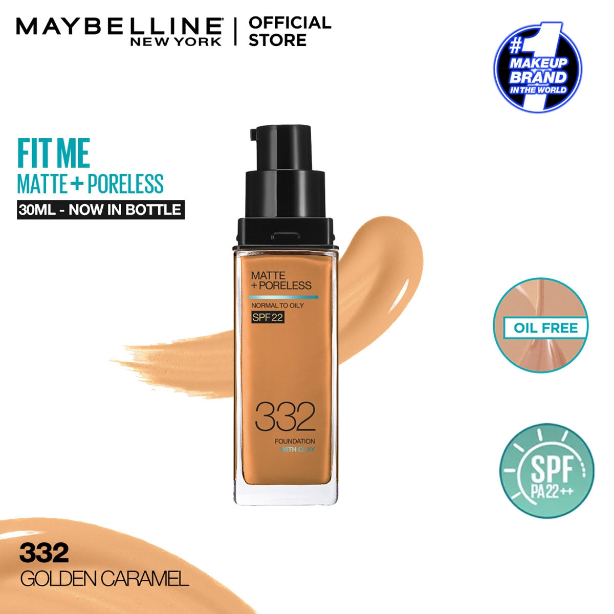 Maybelline | Fit Me Matte + Poreless Liquid Foundation SPF 22 | 332 Golden Caramel 30ml | Best Price in Pakistan original skincare product Pakistan